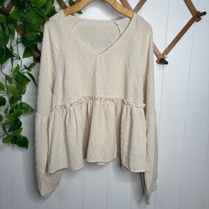 SHEIN baby doll peplum texured dot  v-neck cream longsleeve blouse top Large